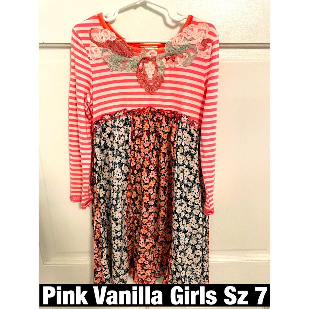 Pink Vanilla, Striped Floral Dress with Ribbon‎ Design Sz 7